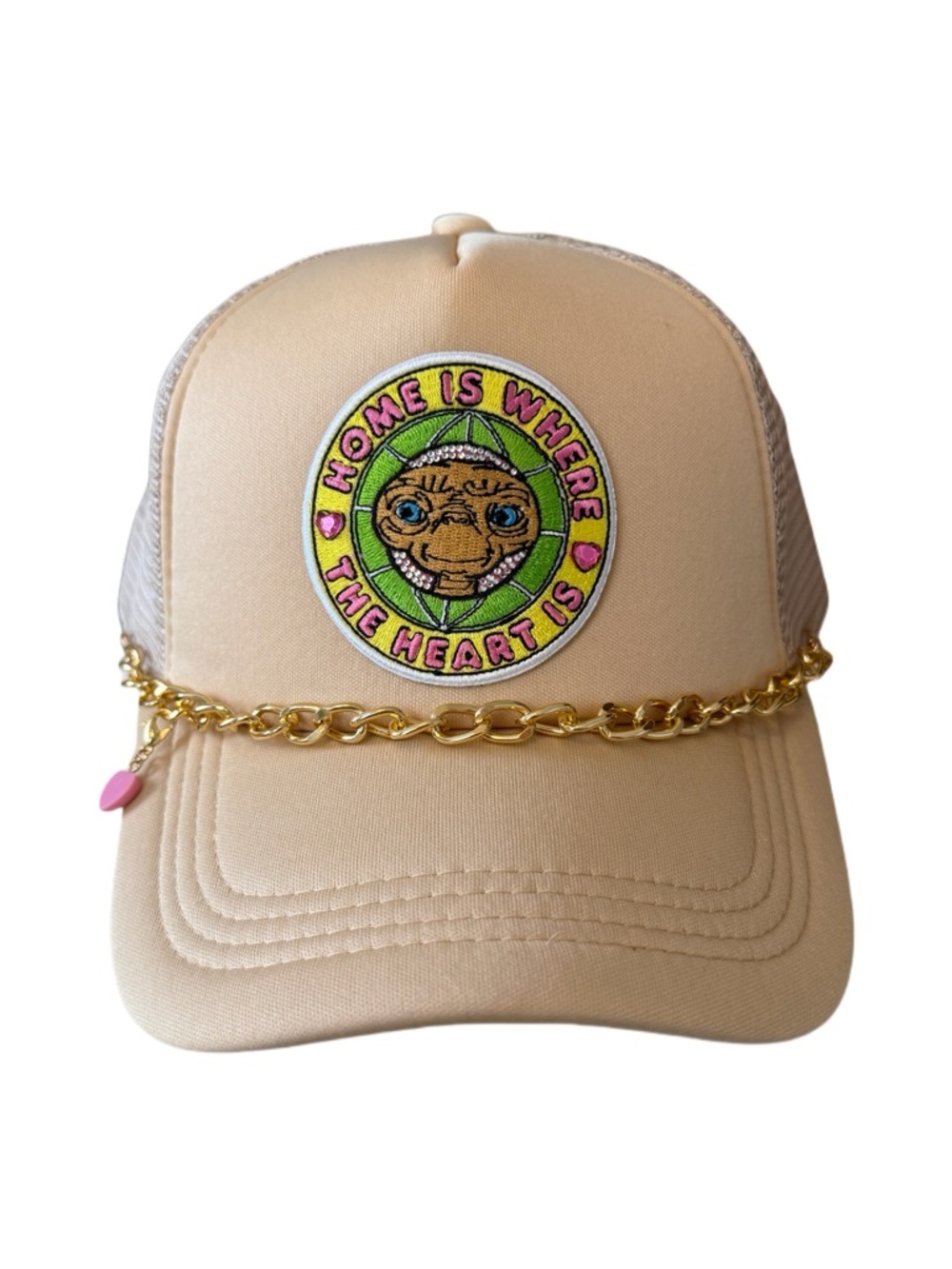 Beige Trucker Hat with 'Home Is Where The Heart Is' Patch and Gold Chain
